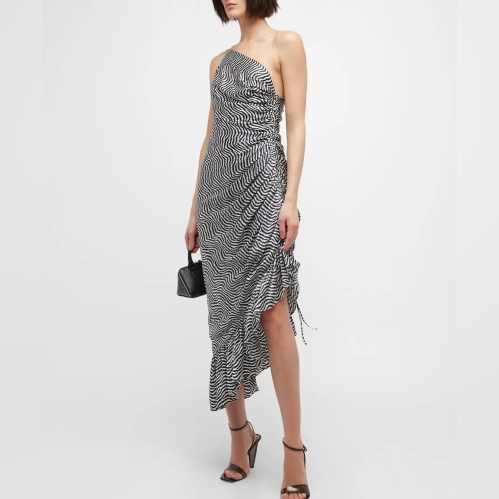CINQ A SEPT Christel One-Shoulder Asymmetric Silk Midi Dress - Picture 1 of 8